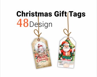 Christmas Gift Tags SVG, Watercolor Holiday Tag Canva Template, pdf dxf, 48 Designs