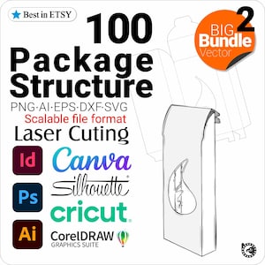 May include: A digital design graphic with the text "100 Package Structure" and "Laser Cutting". Includes logos for Canva, Silhouette, Cricut, and CorelDRAW. A white package template is shown.