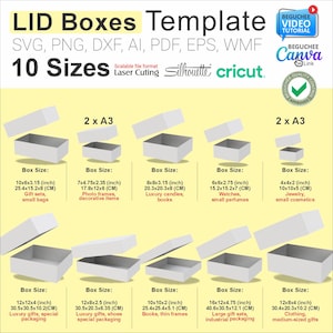 Pacchetto di modelli per scatole con coperchio fai da te: modello vuoto stampabile per scatole da spedizione o regalo. Compatibile con Canva, Cricut (SVG), PNG, scaricabile.