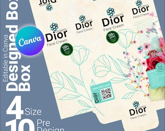 May include: A white box with a floral design and a QR code. The box is for organic face cream and has the text "Organic Dior Face Cream" on it. The box is designed to be editable in Canva.
