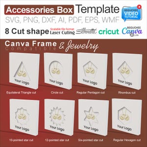 8 Modelos de Caixas de Acessórios de Formato Recortado – Embalagens de Joias para Corte a Laser, Cricut, Canva, Designs Personalizáveis com Seu Logotipo, Caixa de Presente