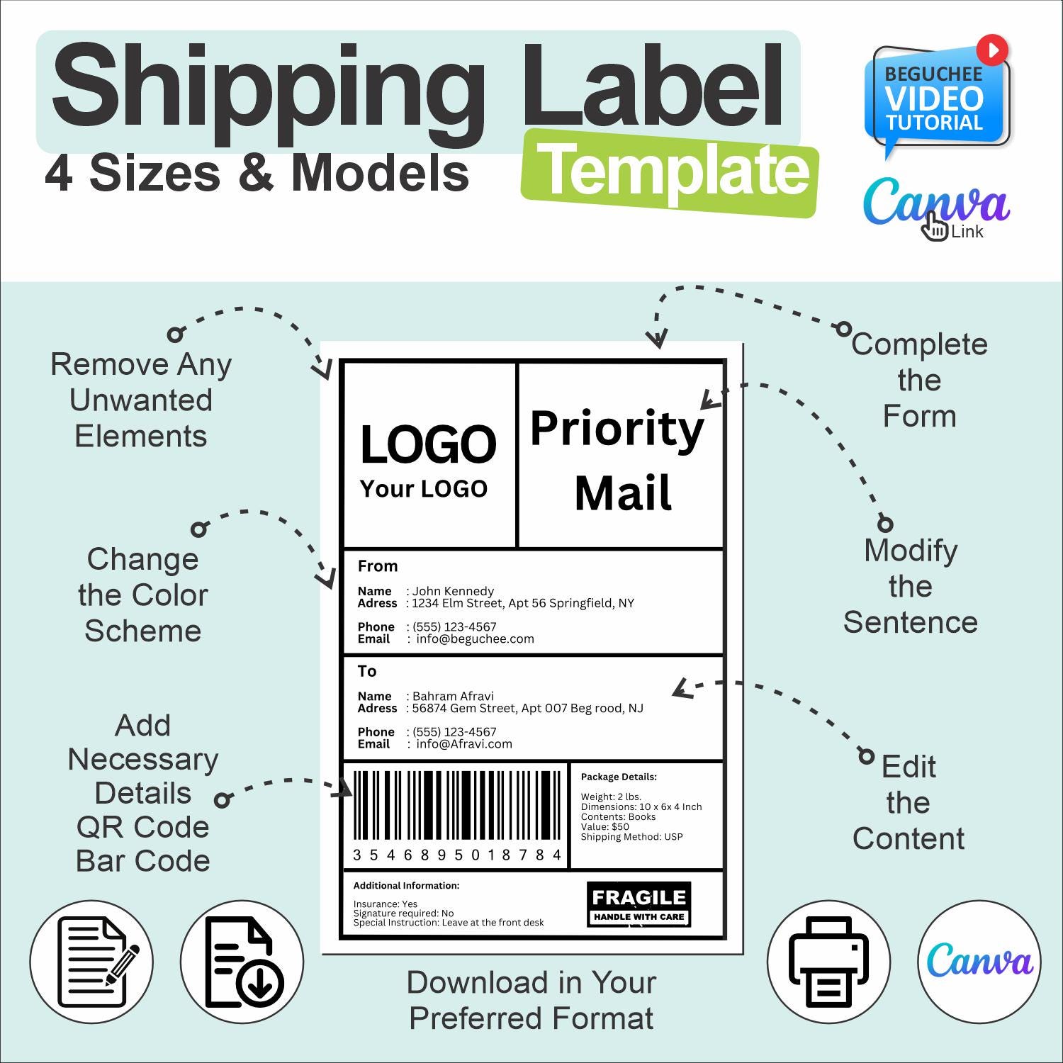 Editable Shipping Label Template – Personalized Mail Label, Custom Fake ...