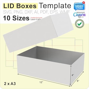 May include: A white lid box template with the lid slightly open. The box is 12 inches long, 8 inches wide, and 4 inches high. The image includes the text "LID Boxes Template" and "10 Sizes". The template is available in SVG, PNG, DXF, AI, PDF, EPS, and WMF formats.