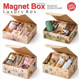 以下が含まれることがあります： 様々なアイテムが入った4つのオープンラグジュアリーギフトボックス。ボックスには、花柄、風景、足跡のデザインがあります。「Magnet Box Luxury Box」の文字が上部にあります。ボックスには、キャンドル、バス製品、おやつなどのアイテムが含まれています。