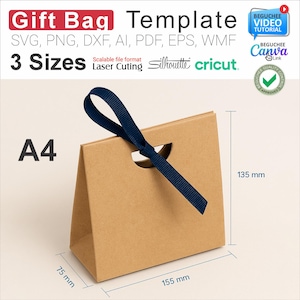 Plantilla SVG para bolsa de regalo / Caja de regalo imprimible para Cricut y Silhouette / Archivo de empaque digital en 3 tamaños / Plantilla para bolsa de corte láser