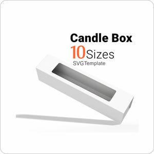 May include: A white rectangular candle box with a clear rectangular window cutout. The text reads Candle Box 10 Sizes SVG Template. The box is positioned at an angle, casting a shadow on the surface below, showcasing a digital design template.