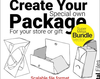 May include: Black and white line art illustrations of three different box structures. Text reads "Create Your Package" and "More than 400 box structures". Includes file format information: JPG, PNG, AI, WMF, EPS, CDR.