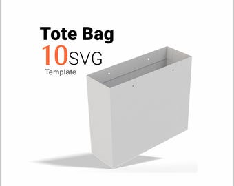 May include: A white rectangular tote bag template with four circular holes along the top edge. The text "Tote Bag 10SVG Template" is printed in black and orange on the left side of the bag, which is shown from a high-angle perspective.