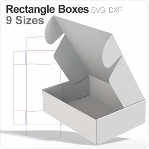 May include: A white rectangular box with an open lid, revealing the inside. The image also features a diagram of the box's design and the text "Rectangle Boxes 9 Sizes SVG, DXF".