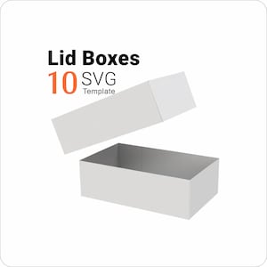 Könnte beinhalten: Eine weiße rechteckige Schachtel mit separatem Deckel, in geöffneter Position dargestellt. Der Text "Lid Boxes 10 SVG Template" ist links in Schwarz und Orange aufgedruckt. Das Design zeichnet sich durch klare Linien und Struktur aus.