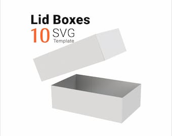 May include: A white rectangular box with a separate lid, shown in an open position. The text "Lid Boxes 10 SVG Template" is printed in black and orange on the left side. The design features clean lines and a simple structure for assembly.
