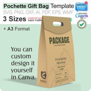 Plantilla para bolsa de regalo Pochette: SVG, PDF, DXF, AI, EPS, WMF: bolsa de papel para regalos y embalajes cortada con láser, Cricut e imprimible