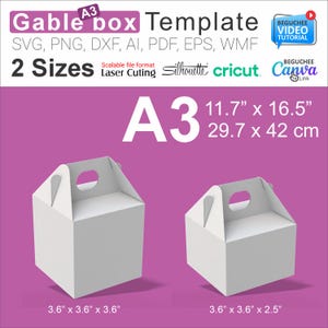 以下が含まれることがあります： 2つのサイズで利用できる、蓋付き箱のデジタルテンプレートです。テンプレートには「A3」と表示され、11.7インチ x 16.5インチと29.7 x 42 cmの寸法が記載されています。このテンプレートは、Silhouette、Cricut、Canvaと互換性があります。