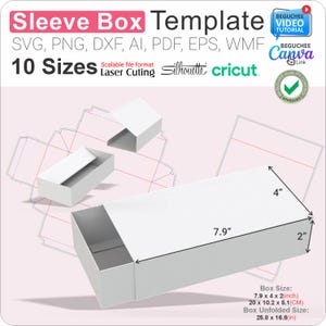 Könnte beinhalten: Eine weiße Schiebehülsen-Box-Vorlage mit den Maßen 20 x 10,2 x 5,1 cm und einer aufgeklappten Boxgröße von 65,5 x 42,7 cm. Das Bild enthält den Text "Sleeve Box Template" und "10 Sizes". Kompatibel mit SVG, PNG, DXF, AI, PDF, EPS und WMF.