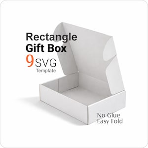 Può includere: Una scatola regalo rettangolare bianca con coperchio aperto. Il testo sull'immagine recita Rectangle Gift Box, 9 SVG Template e No Glue Easy Fold. La scatola è realizzata in un unico pezzo di materiale con pieghe e alette laterali.