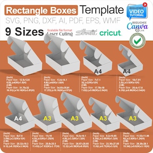 Paquete de plantillas de caja rectangular DIY: Plantilla imprimible en blanco para cajas de envío o regalo. Compatible con Canva, Cricut (SVG) y PNG. Descárgala.
