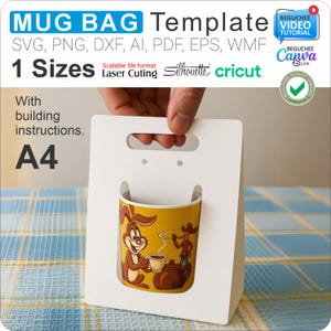 Modelo de caixa de bolsa para caneca com suporte para corte a laser, embalagem para copo faça você mesmo, Svg, PNG, Dxf, AI, PDF, EPS, WMF, Cricut, Silhouette, download digital