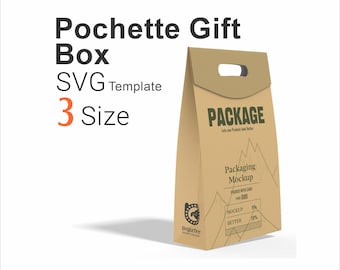 Puede incluir: Una bolsa de regalo de papel color canela con asa troquelada, que presenta el texto Pochette Gift Box SVG Template 3 Size, PACKAGE, Packaging Mockup, PACKED WITH CARE, PACK 000, MOCKUP 3%, BETTER 18% y un logo circular con Beguchee.