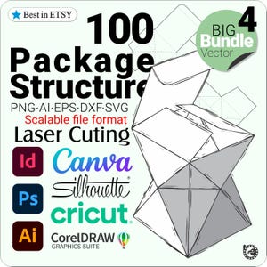 May include: An image with the text "100 Package Structure" and "Big Bundle Vector". The image also includes the text "Scalable file format" and software logos for Canva, Silhouette, Cricut, and CorelDRAW.