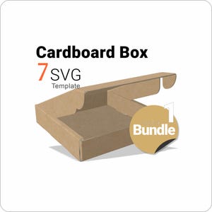 Könnte beinhalten: Eine braune Pappschachtel-SVG-Vorlage im flachen Design. Der Text lautet Cardboard Box, 7 SVG Template und 1 Bundle auf einem runden beigen Aufkleber. Die Vorlage zeigt die entfaltete Struktur einer Schachtel mit Laschen und Faltlinien.