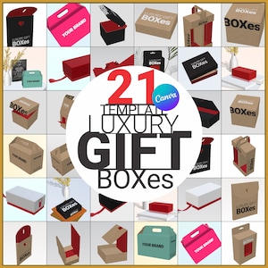 Op de afbeelding: Een verzameling van 21 verschillende doosontwerpen voor luxe geschenkdozen. De dozen zijn gemaakt van karton en zijn verkrijgbaar in verschillende kleuren en stijlen. De dozen zijn versierd met linten, strikken en andere versieringen. De tekst "21 Sjablonen Luxe Geschenkdozen" wordt in het midden van de afbeelding weergegeven.