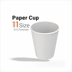 Peut inclure: Un gobelet en papier blanc uni présenté en vue perspective 3D. À gauche, le texte indique Paper Cup, 11 Size, et SVG Template. Le gobelet possède une finition lisse et mate avec un bord roulé sur le dessus, sur un fond neutre et épuré.