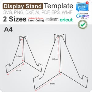 Könnte beinhalten: Schwarz-weiße Display-Ständer-Vorlage mit dem Text "Display Stand Template" und "2 Sizes". Die Vorlage enthält zwei Größen, eine mit einer Höhe von 7,5 cm und einer Breite von 6,5 cm, und die andere mit einer Höhe von 10,5 cm und einer Breite von 10 cm.