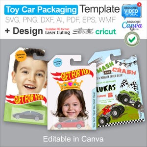 Modelo de embalagem de carrinho de brinquedo editável | Etiqueta de lembrancinha de aniversário Hot Wheels | Etiqueta de presente para carro de corrida | Etiqueta Canva imprimível para Cricut e corte a laser