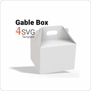 May include: A plain white gable box with a top handle and a triangular folded closure. The text Gable Box 4 SVG Template is displayed in black and orange lettering to the left of the box, indicating a digital file for a paper craft project.