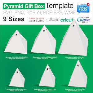 May include: A digital template for a pyramid gift box in nine different sizes. The template is designed for laser cutting and can be used with Silhouette, Cricut, and Canva software. The image shows the different sizes of the pyramid box, with the dimensions and design area listed below each box.