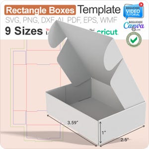 May include: A white rectangular box template with dimensions of 9.12 cm x 6.35 cm x 2.54 cm. The image includes text that reads "Rectangle Boxes Template" and "9 Sizes". The template is compatible with Cricut and includes SVG, PNG, DXF, AI, PDF, EPS, and WMF file formats.