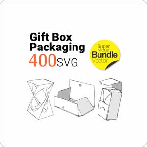 Op de afbeelding: Een digitale afbeelding met de tekst Gift Box Packaging 400SVG en een gele ronde badge met het label Super Mega Bundle Vector. Onder de tekst staan drie zwart-wit lijntekeningen van verschillende ontwerpen voor geschenkverpakkingen.