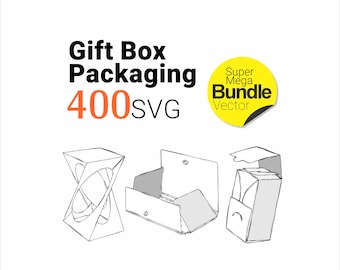 May include: A digital graphic featuring the text Gift Box Packaging 400SVG and a yellow circular badge labeled Super Mega Bundle Vector. Below the text are three black and white line art illustrations of different gift box packaging designs.