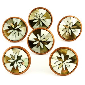 Peut inclure: Six boutons de meuble décoratifs avec un motif floral. Chaque bouton est de forme circulaire avec un bord cuivré. Le motif central est un motif floral avec des segments blancs, marron et verts. Les boutons sont disposés sur un fond blanc.