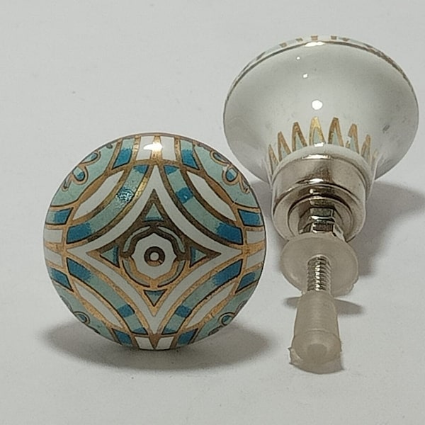 Art Deco Drawer Pull - Turquoise, Pink + Gold - Beautiful Ceramic Drawer Pulls, Drawer Knobs, Cabinet Knobs and Pulls, Unique, Decorative,