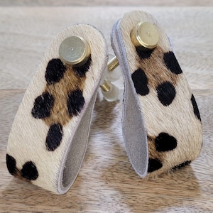 Leopard Print Lather Drawer Pull, Door Handle, Natural Leather Loop Pull Knob