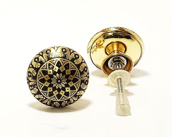Moroccan Brass Drawer Knob: Black & Gold Etched Cabinet Handle