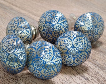 エッチング加工を施した真鍮製ドレッサーノブ：ターコイズモロッコキャビネットプル