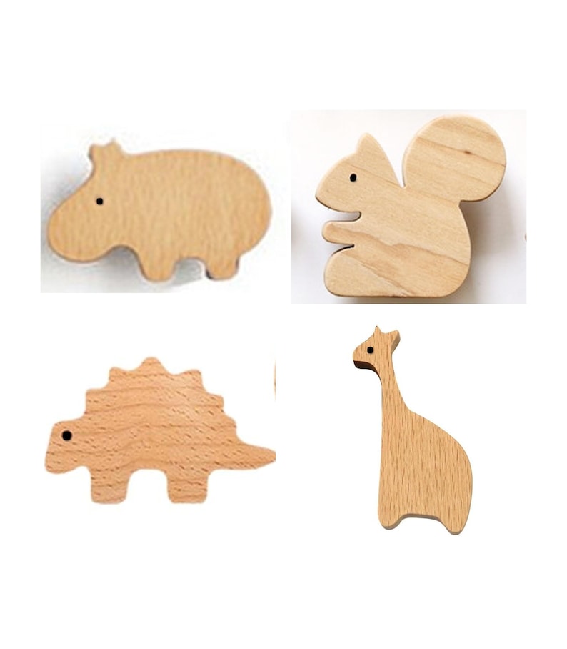 May include: Four wooden animal shapes: a hippo, a squirrel, a dinosaur, and a giraffe. Each is cut from light-colored wood with a smooth finish. The hippo, squirrel, and dinosaur have small black dot eyes. The giraffe has a long neck.