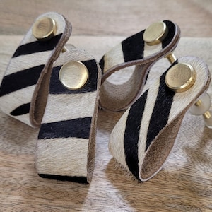 Zebra Print Lather Drawer Pull, Door Handle, Natural Leather Loop Pull Knob