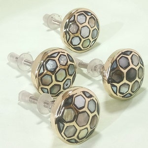 Set of 4, Gold Mother Of Pearl Drawer Pull, Cabinet Knob, Door Hardware, Honecomb Style Brass and Ebony Shell, Dresser Knob