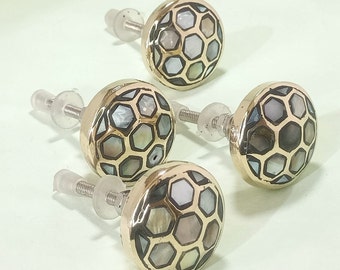Set of 4 Gold Mother of Pearl Honeycomb Drawer Pulls