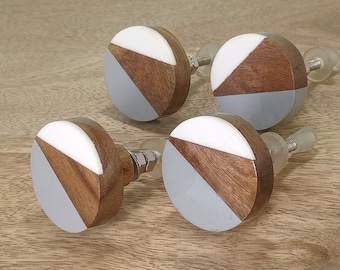 Set of 4, Round Geometric Art Deco Dresser Knob, Grey and White Resin with wood Drawer pull, Modern Door knob