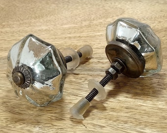 Set of 2 Mercury Glass Knobs: Pewter Floral Center, Antique Scallop Decor