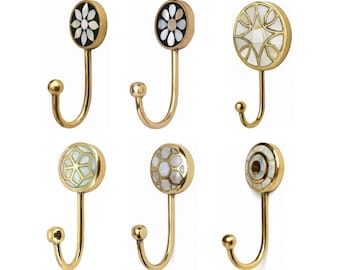Handmade Brass Coat Hook: Mother of Pearl Inlay Wall Hanger