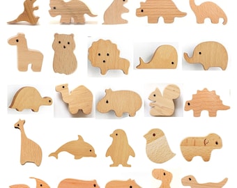 Boutons animaux en bois pour enfants — Jolies poignées de tiroir safari et dinosaure | Boutons d'armoire en bois de hêtre naturel pour chambre de bébé, décoration de chambre de bébé