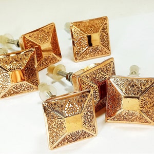 Moroccan Copper Square knob, RoseGold floral etched brass knob, Cupboard Pull, Drawer copper Etched Drawer Knob, copper Bohemian Drawer Knob