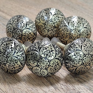 Gold and Black Dresser Knob, Brass Cabinet Knob, Drawer Pull,  Moroccan Style Brass Etched Knobs