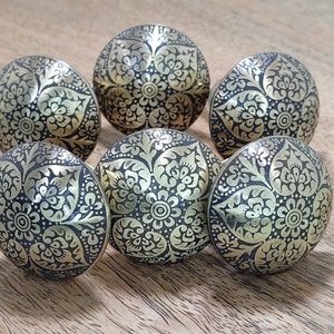 Gold and Grey Dresser Knob, Brass Cabinet knob, Drawer Pull,  Moroccan Style Brass Etched Knobs