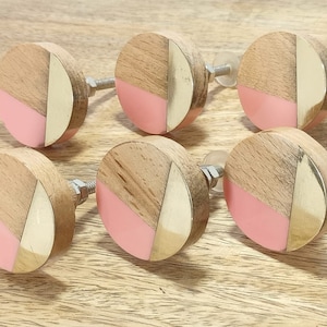 Gold stripe Pink resin and walnut wood drawer knob wooden ivory and gold cabinet knob Pink and gold wood drawer knobs sets of 2/4/6